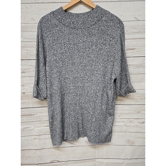 Chico's Top Womens Size 3 XL Gray Black Ribbed Mock Neck Short Sleeve Stretch - Picture 1 of 7